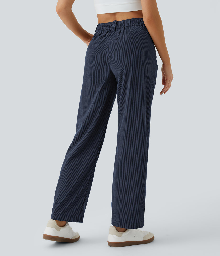 Mid Rise Zipper Pocket Corduroy Casual Pants - Foggy Blue