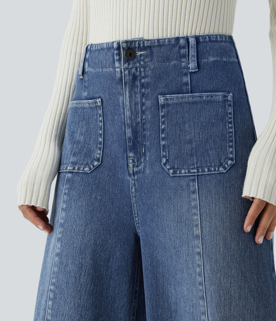 Halara Flex™ High Waisted Pockets Washed Casual Wide Leg Jeans - Orchid Blue Denim