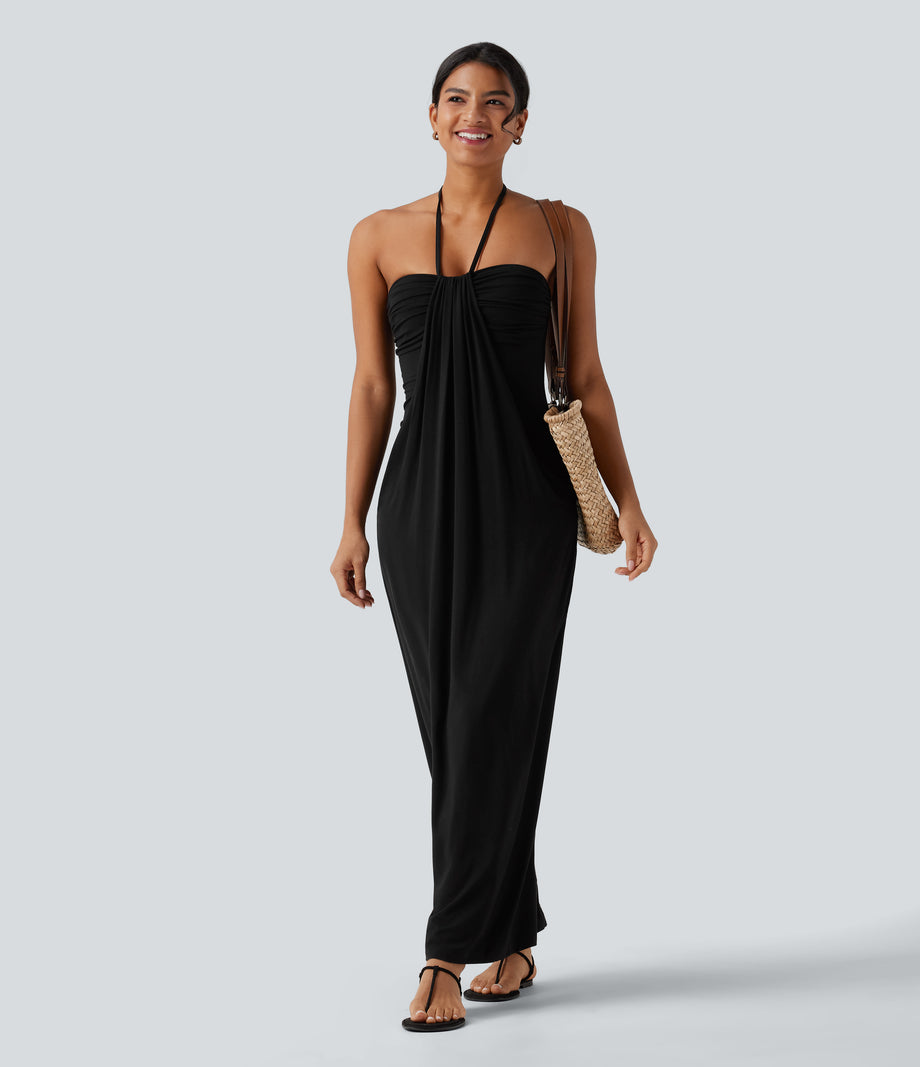 Halter Tie Back Maxi Dress with Pockets - Black