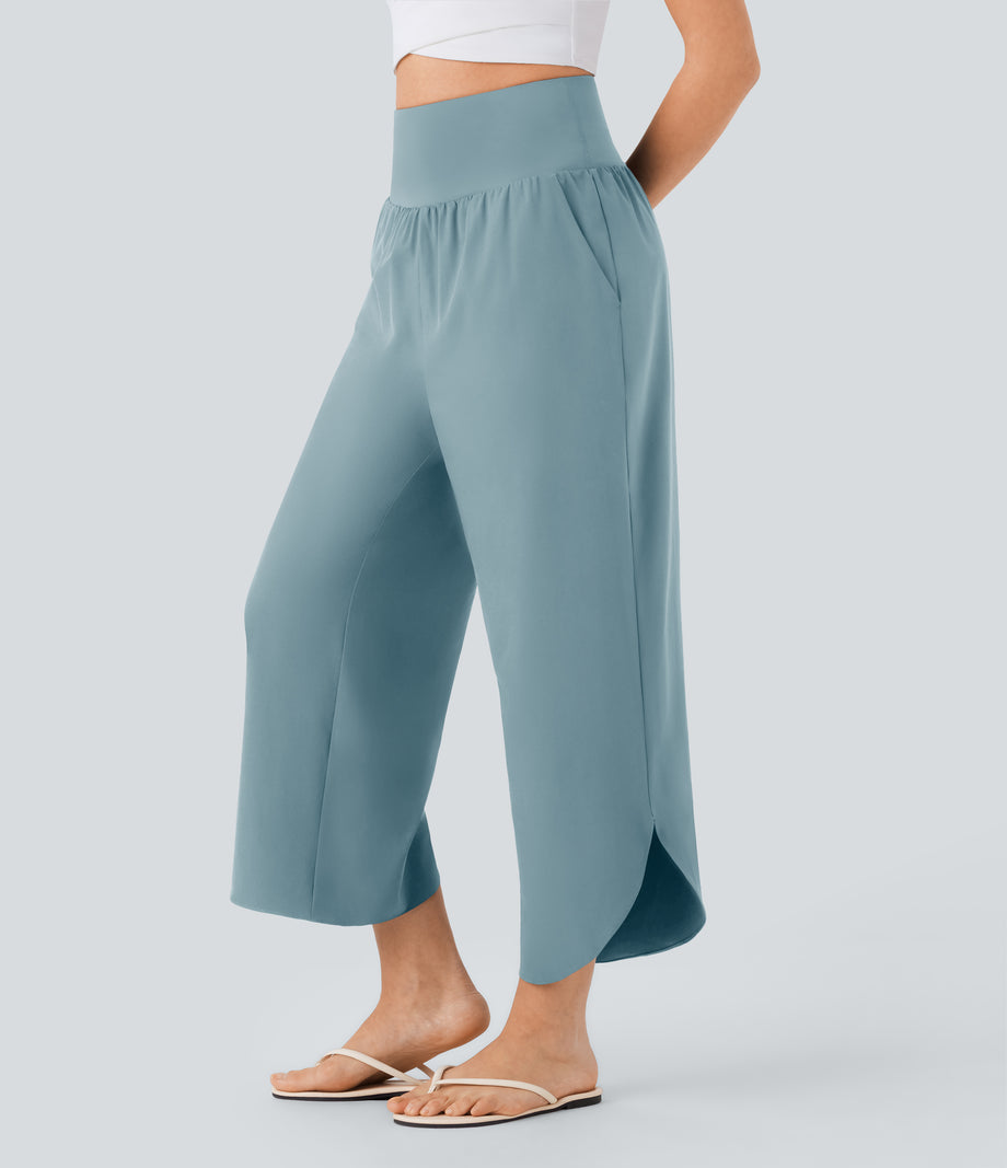 Breezeful™ High Waisted Tummy Control Split Hem Quick Dry Resort Pants with Pockets - Stone Blue
