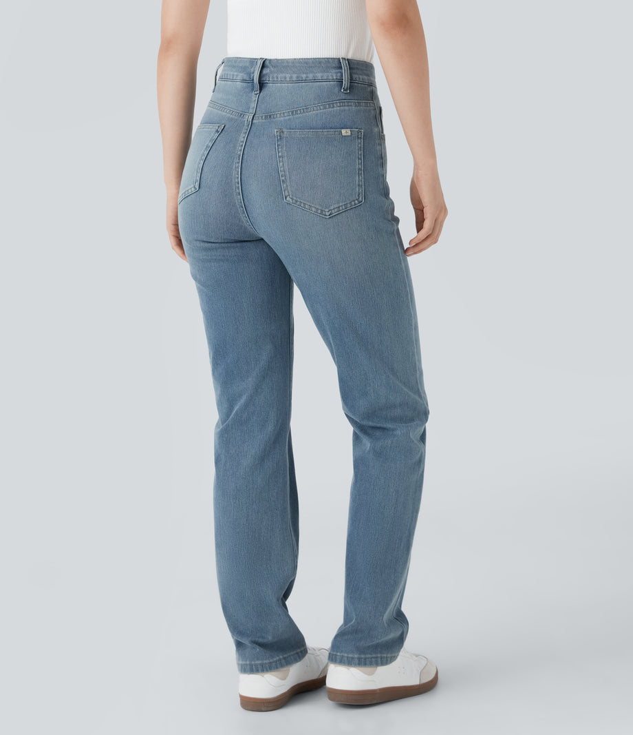 Halara Flex™ High Waisted Pockets Straight Leg Washed Casual Jeans - Cedar Blue Denim