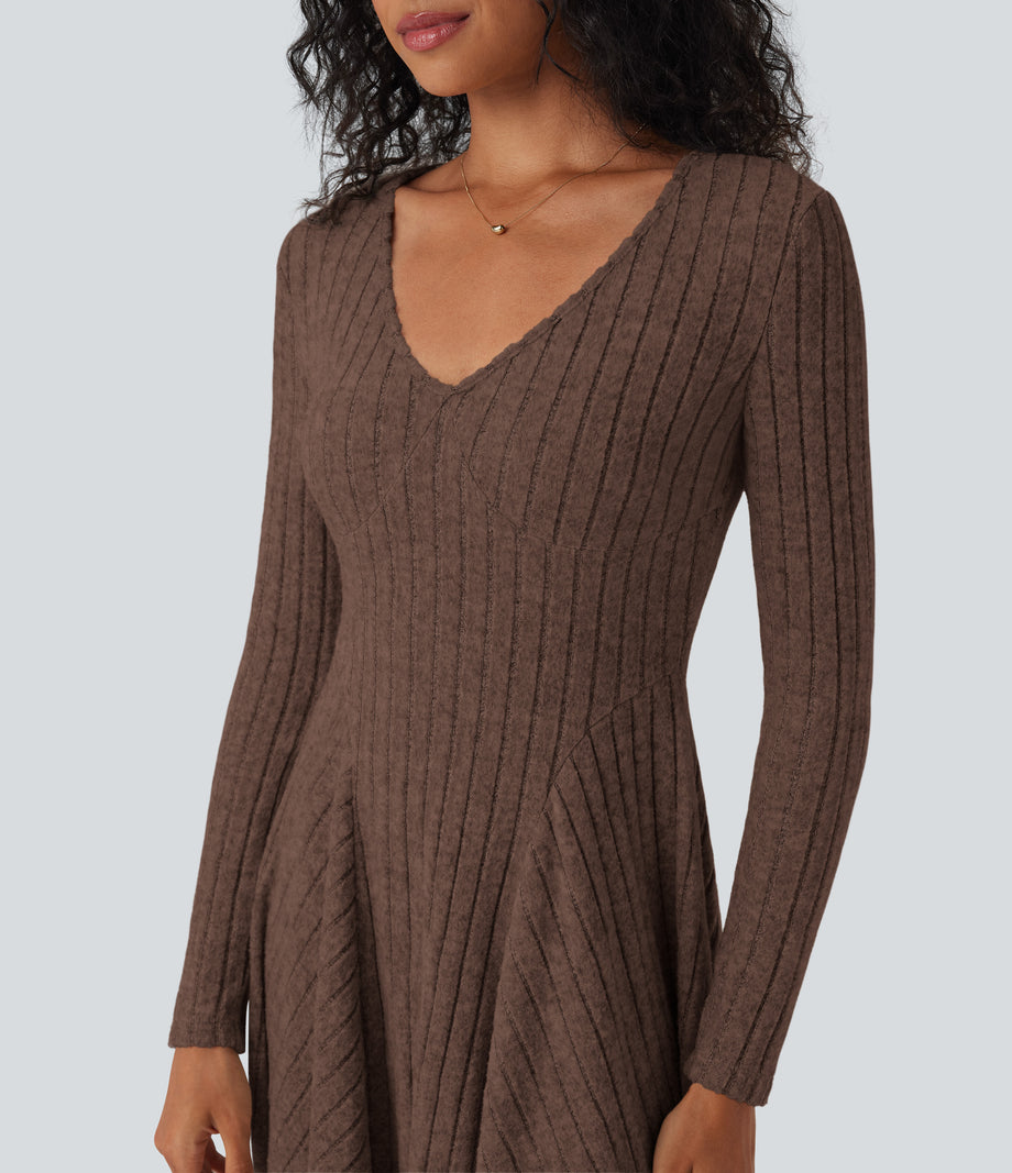 Ribbed Knit V Neck Long Sleeve Flare Mini Casual Dress with Pockets - Earthy Brown Floral Yarn