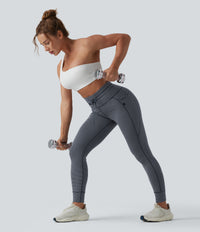 High Waisted Drawstring Striped Yoga Leggings with Pockets - Midnight Stripe