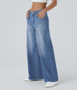 Halara Flex™ Low Rise Zipper Pockets Washed Baggy Wide Leg Casual Jeans - Blue Spruce Denim