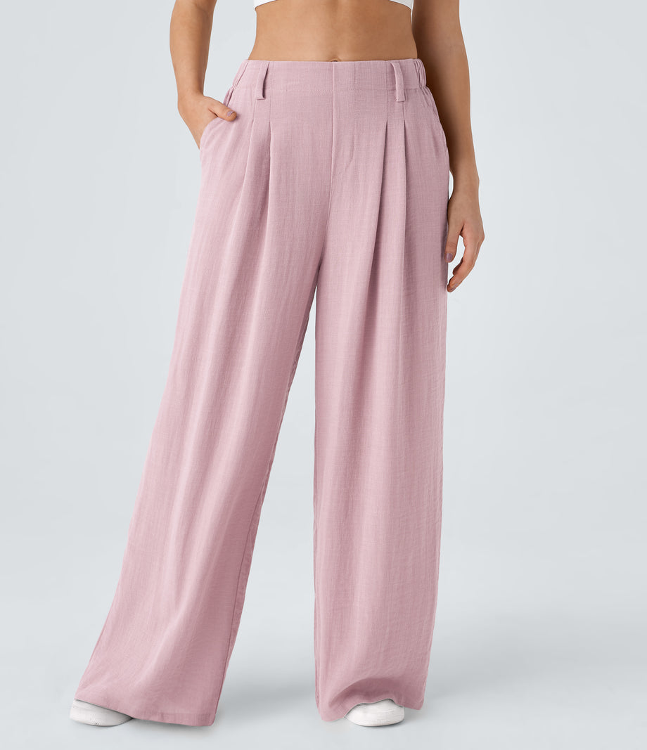 High Waisted Pocket Wide Leg Flowy Solid Palazzo Casual Linen-Feel Pants - Pale Lilac