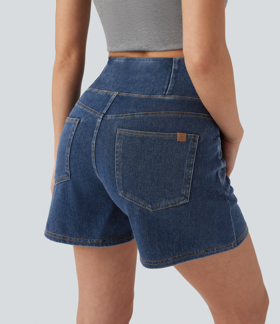Halara Flex™ Crossover High Waisted Pockets Wide Leg A Line Washed Denim Casual Shorts - Estate Blue Denim