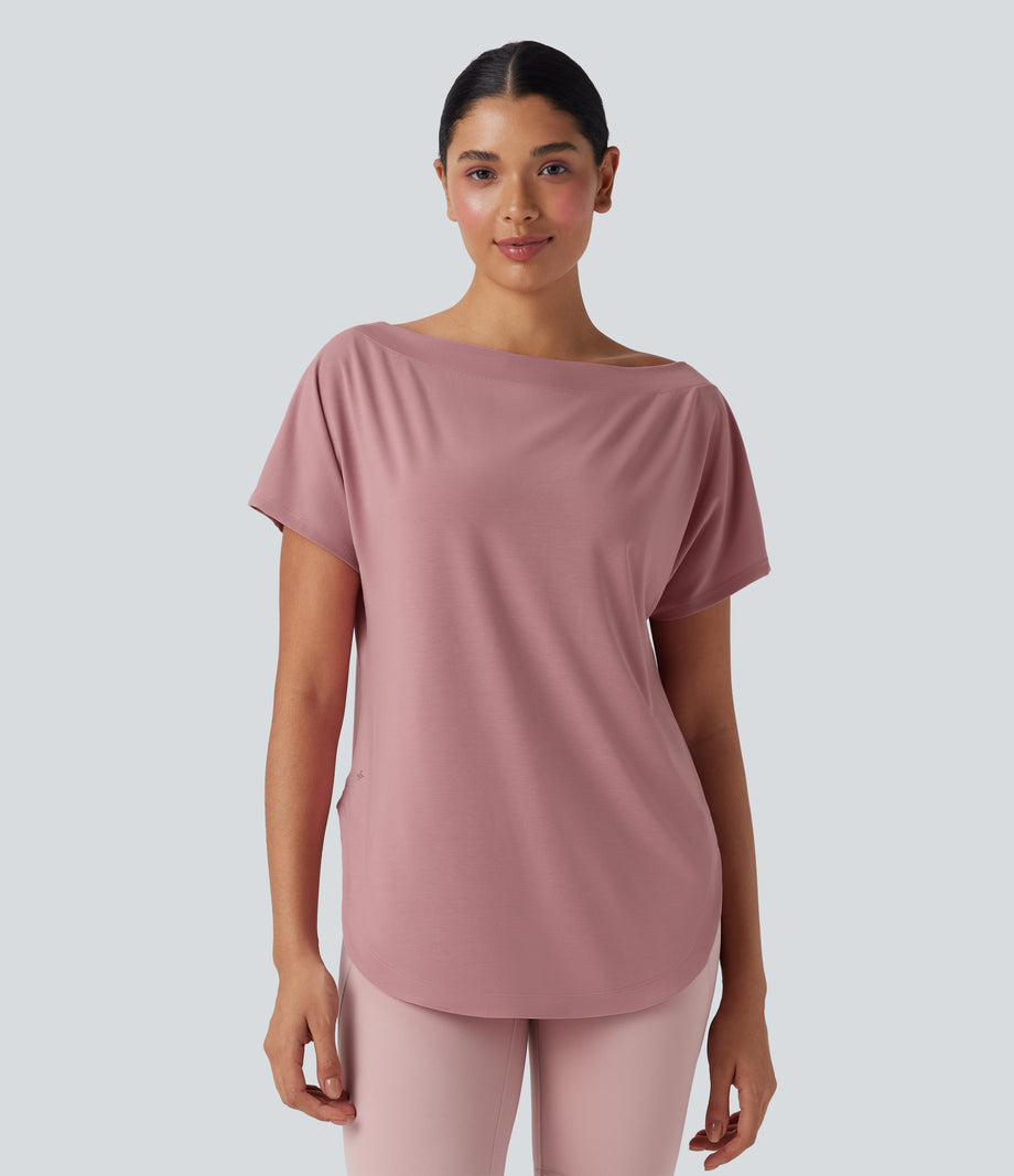 One Shoulder Short Sleeve Curved Hem High Low Quick Dry Yoga Sports Top - Soft Berry