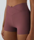 SoftlyZero™ High Waisted Crossover Plain Yoga Biker Shorts 3''-UPF50+ - Red Mahogany