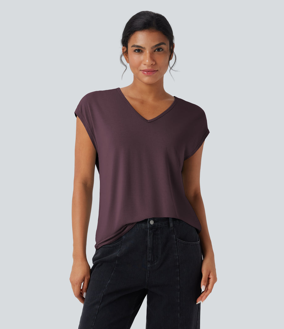 V Neck Short Sleeve Casual T-Shirt - Maroon Banner