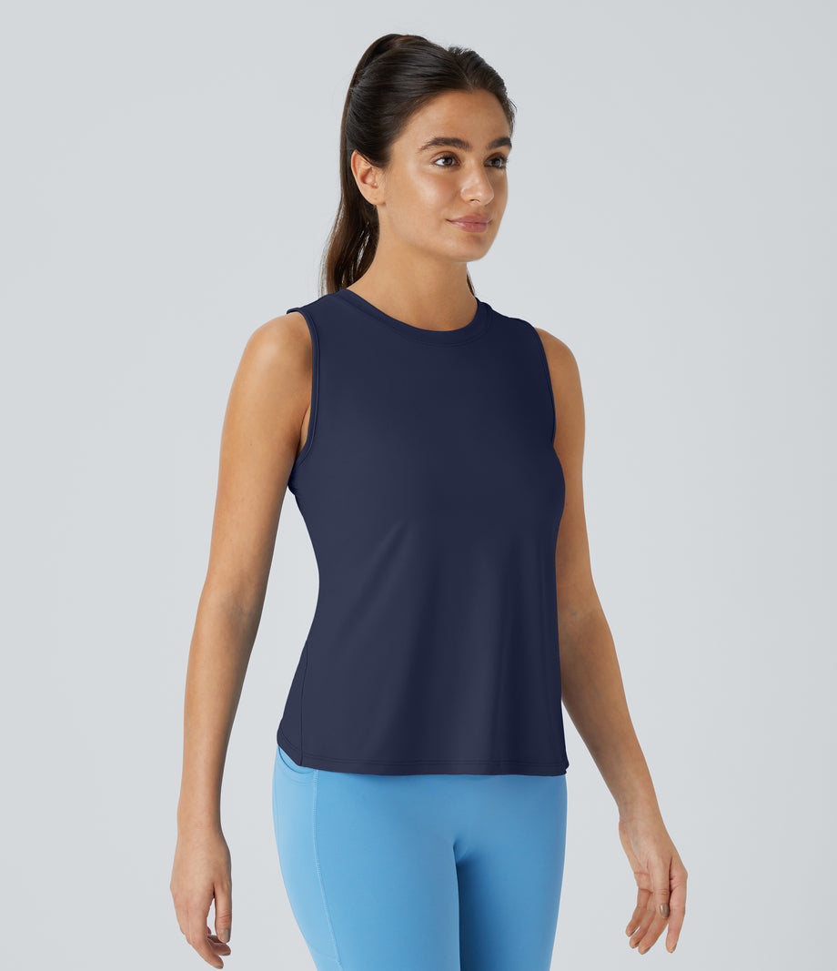 Cut Out Crossover Hem Solid Yoga Tank Top - Dark Blue