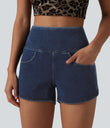 Halara Flex™ High Waisted Tummy Control Curved Hem Skinny Denim Casual Shorts with Pockets - Pageant Blue Denim