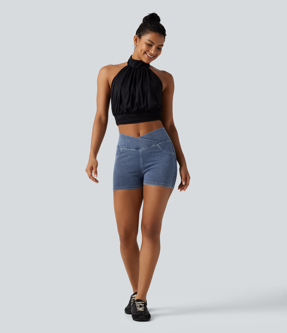 Halara Flex™ High Waisted Crossover Pocket Denim Casual Shorts 3" - Ice Crevice Denim