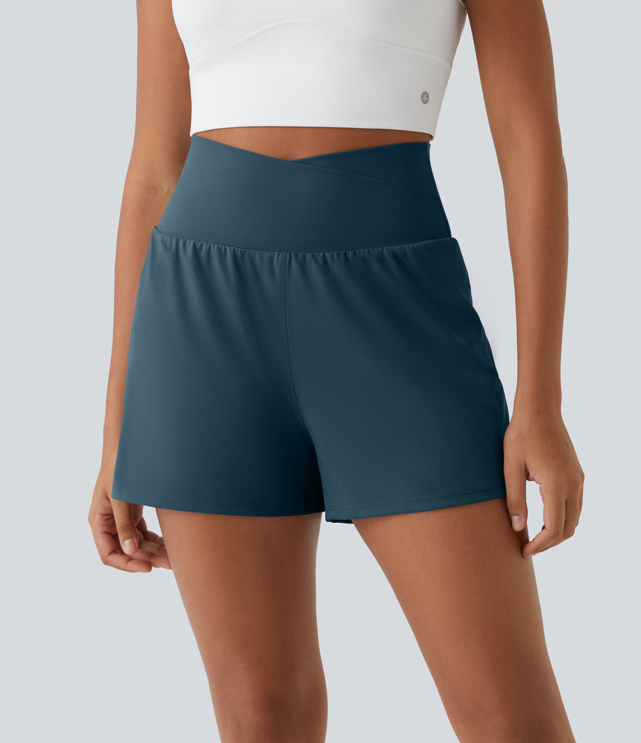 High Waisted Crossover Pocket 2-in-1 Casual Shorts - Majolica Blue
