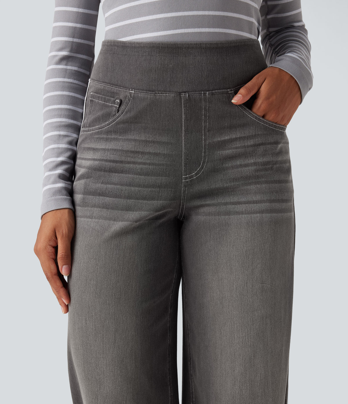Halara Flex™ High Waisted Stripe Wide Leg Flowy Washed Casual Jeans with Pockets - Iron Gate Denim
