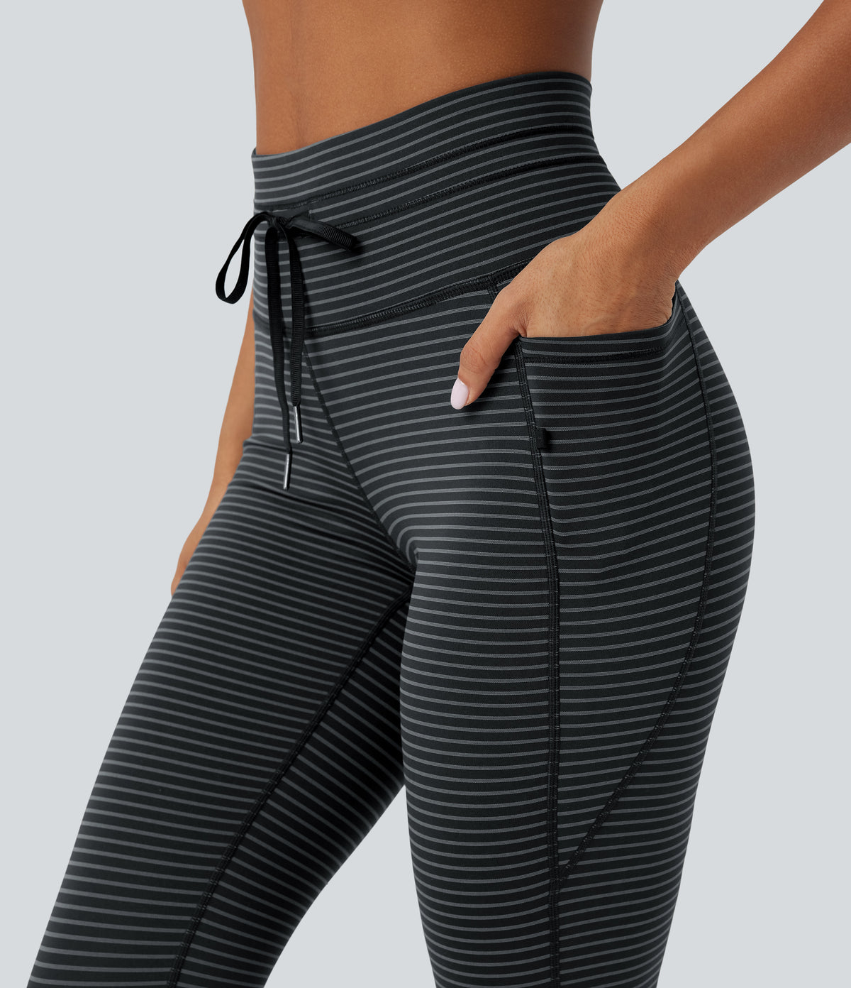 High Waisted Drawstring Striped Yoga Leggings with Pockets - Steel Stripe