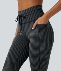 High Waisted Drawstring Striped Yoga Leggings with Pockets - Steel Stripe