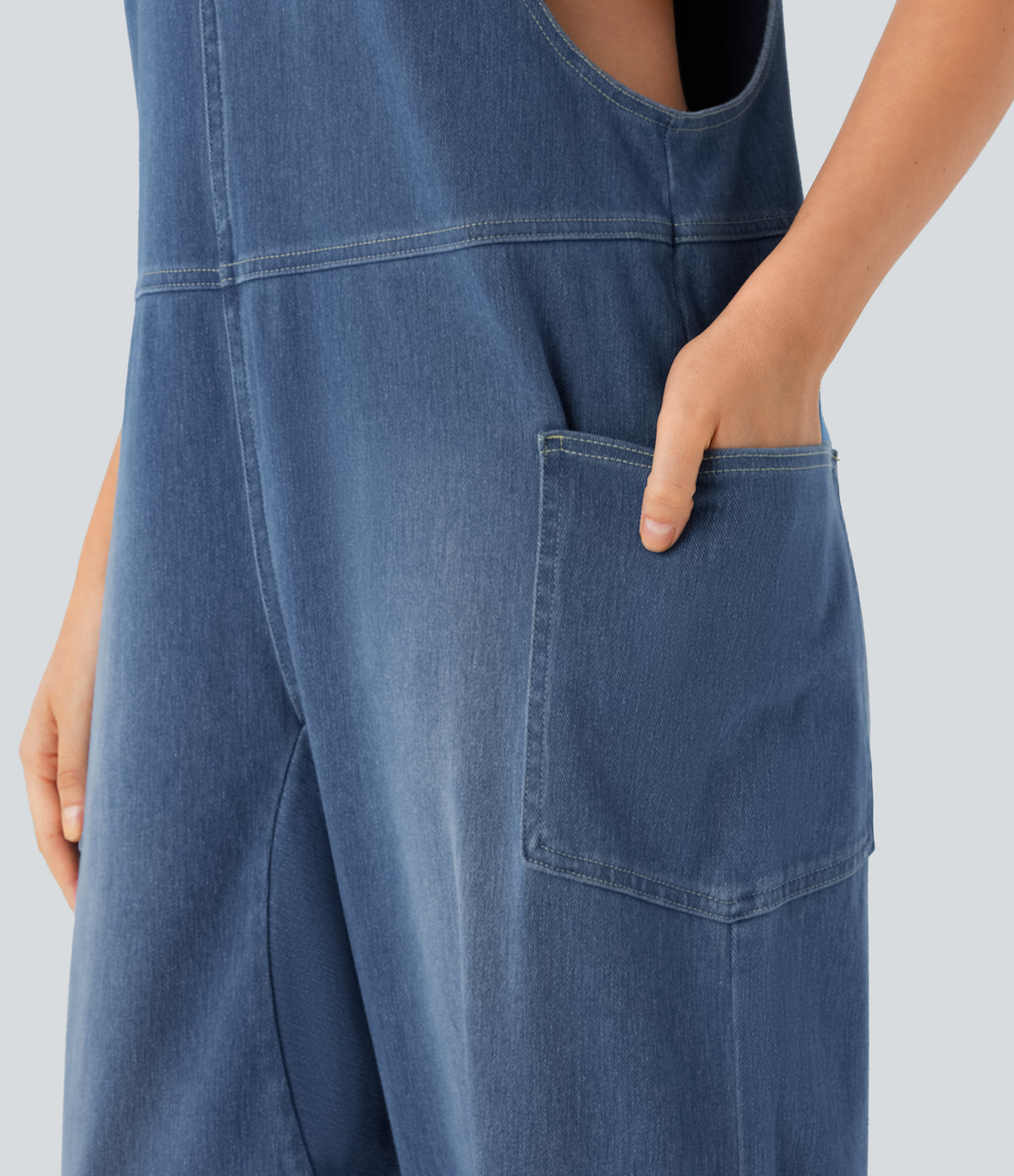 Halara Flex™ V Neck Pocket Washed Denim Casual Overalls - Light Floral Blue Denim