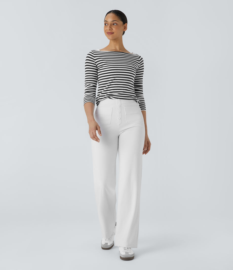 DayStretch High Waisted Pockets Straight Leg Casual Pants - White
