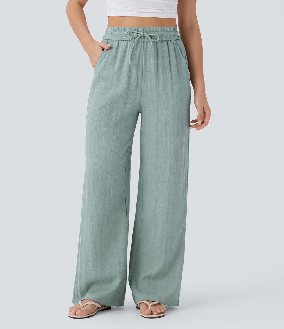 High Waisted Drawstring Pocket Wide Leg Baggy Casual Linen-Feel Pants - Ether