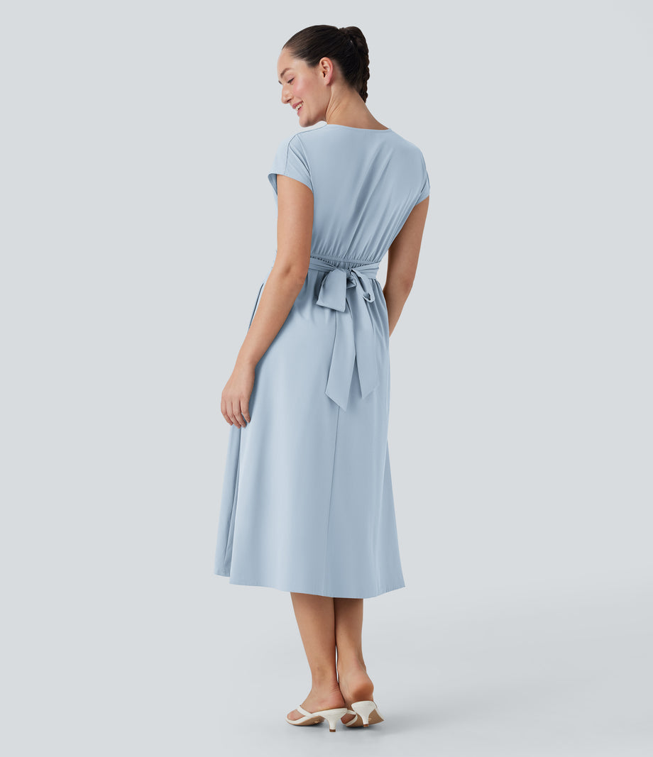 Breezeful™ V Neck Short Sleeve Pocket Tie Back Quick Dry Midi Casual Dress - Baby Blue