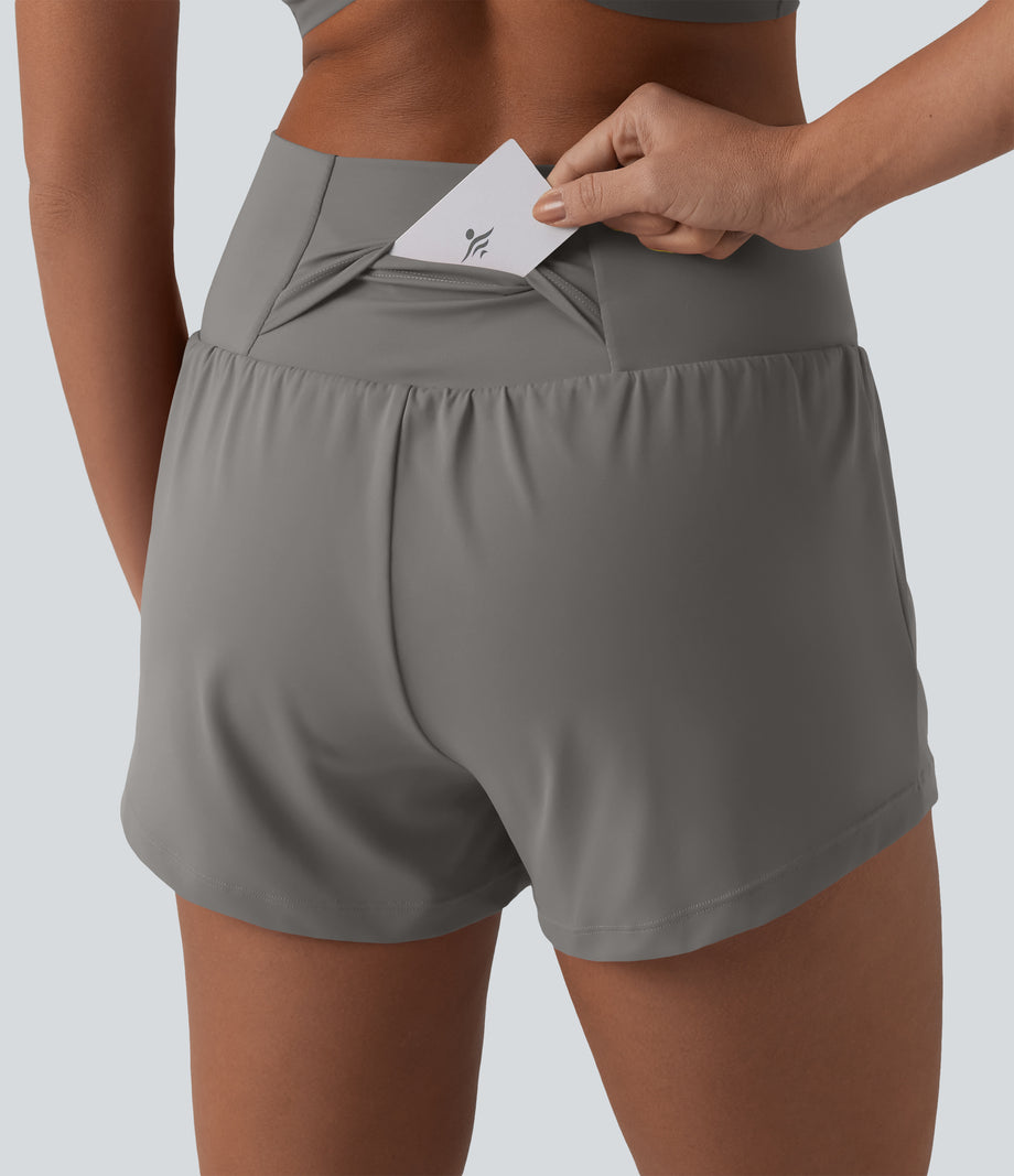 SoftlyZero™ Airy Crossover High Waisted 2-in-1 Cool Touch Yoga Shorts 3'' with Pockets - Steeple Gray