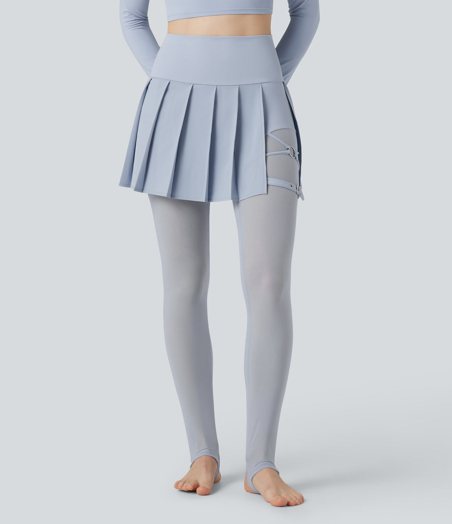Breezeful™ High Waisted Pleated 2-in-1 Contrast Mesh Quick Dry Dance Stirrup Skirted Leggings with Pockets - Ballad Blue