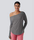One Shoulder Long Sleeve Thumb Hole Curved Hem High Low Quick Dry Yoga Sports Top-Built-in Bra - Steel Gray