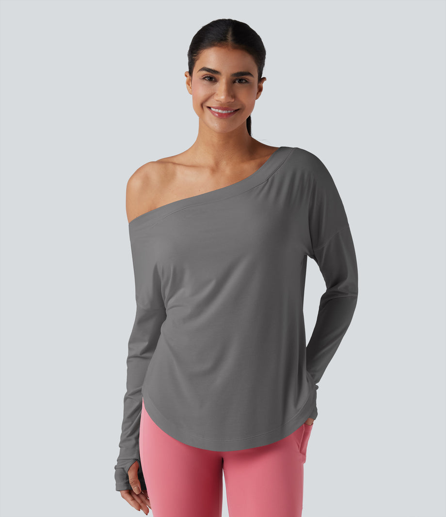 One Shoulder Long Sleeve Thumb Hole Curved Hem High Low Quick Dry Yoga Sports Top-Built-in Bra - Steel Gray