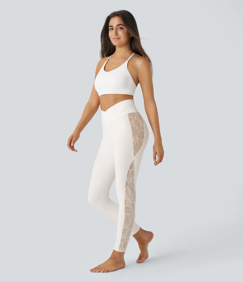 SoftlyZero™ High Waisted Crossover Contrast Lace Pocket Yoga Leggings-UPF50+ - White