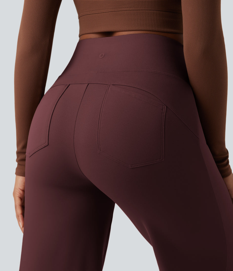 DayStretch High Waisted Tummy Control Wide Leg Baggy Yoga Pants with Pockets - Red Mahogany