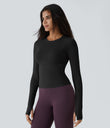 Solid Thumb Hole Yoga Sports Top - Black