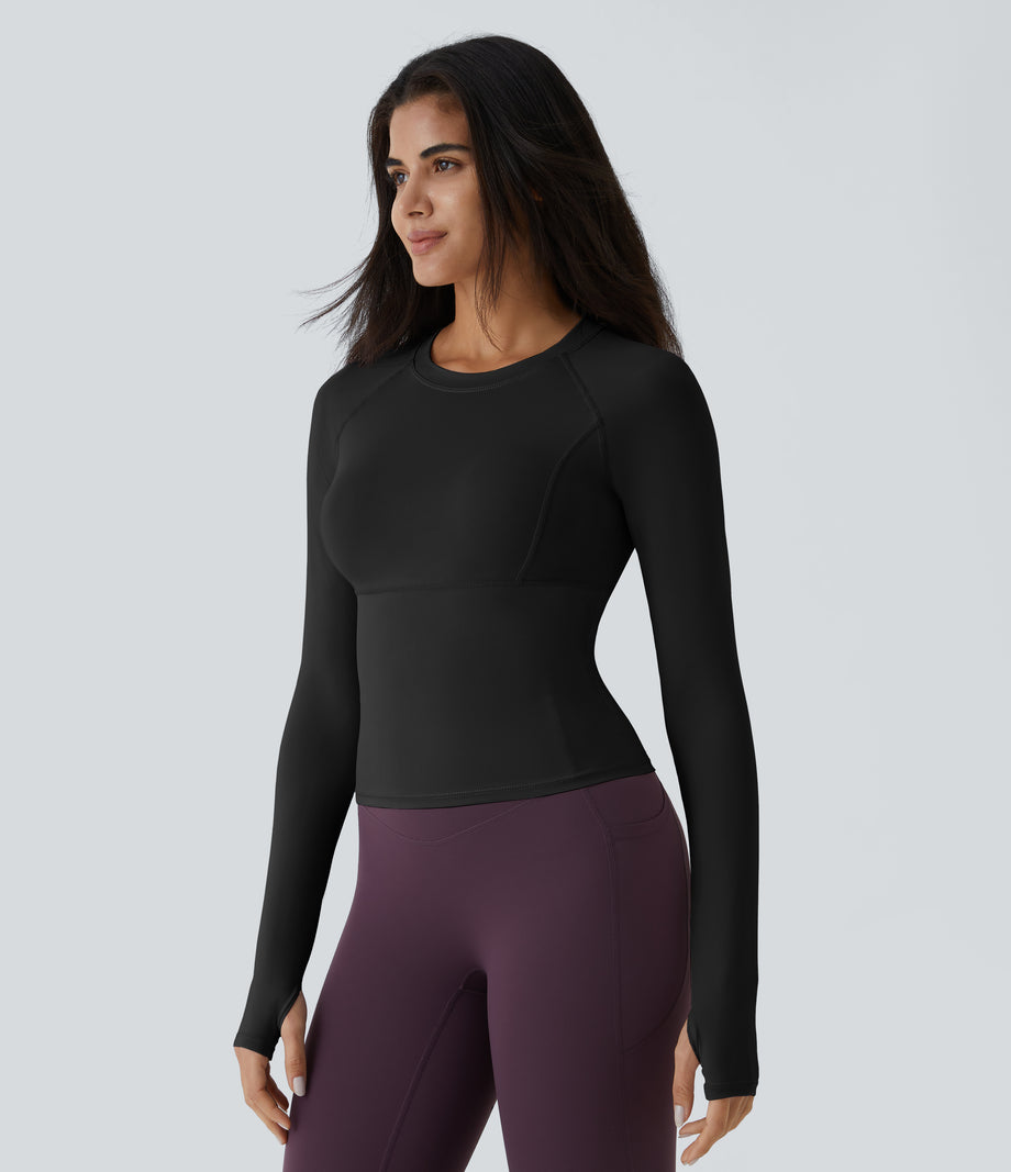 Solid Thumb Hole Yoga Sports Top - Black