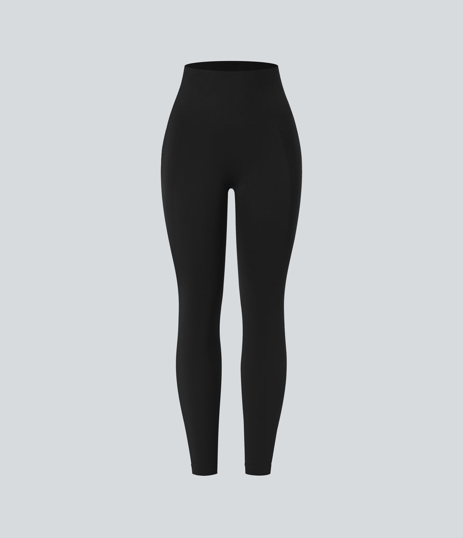 OneForm Seamless Flow High Waisted Ruched 7/8 Yoga Leggings - Black