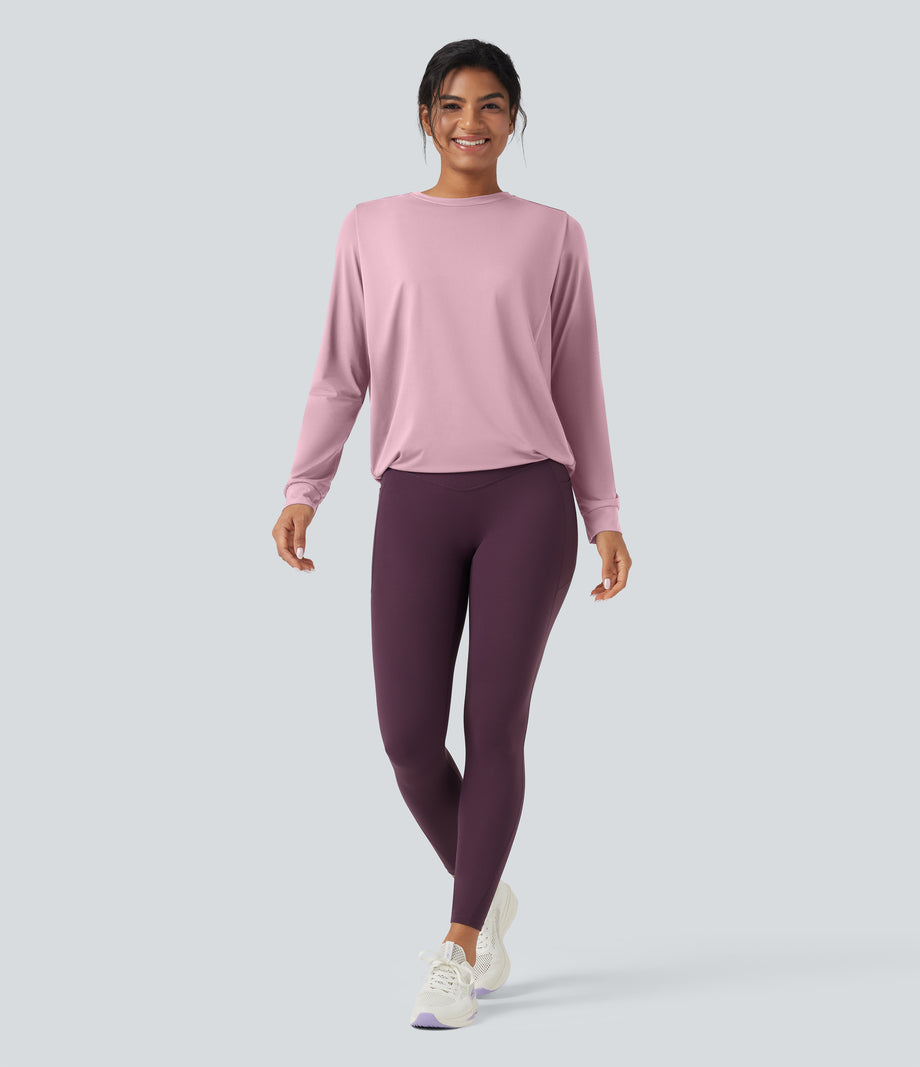 Round Neck Long Sleeve Ruched Yoga Sports Top-UPF50+ - Pink Nectar