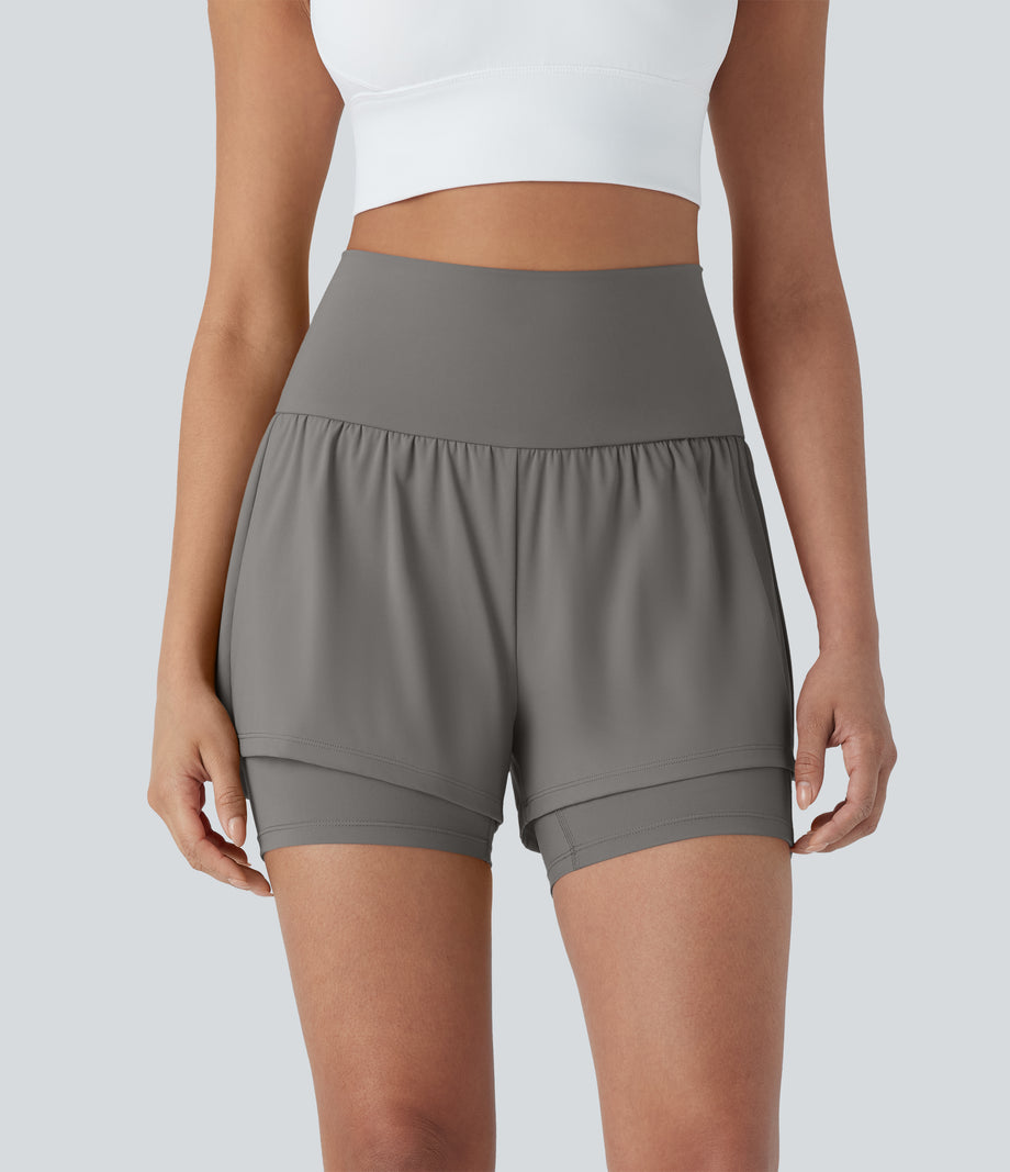 SoftlyZero™ Airy Super High Waisted 2-in-1 Cool Touch Yoga Shorts 5'' with Pockets - Steeple Gray