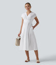 Breezeful™ V Neck Short Sleeve Pocket Tie Back Quick Dry Midi Casual Dress - White