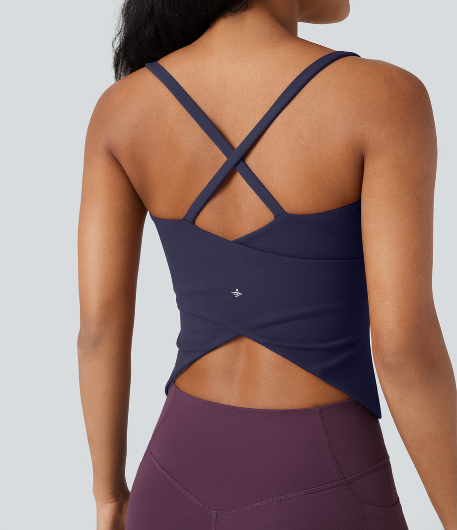 Scoop Neck Crisscross Back Crossover Hem Yoga Cami Top - Evening Blue