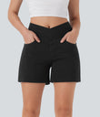 Halara Flex™ Crossover High Waisted Pockets Wide Leg A Line Washed Denim Casual Shorts - Meteorite Black Denim