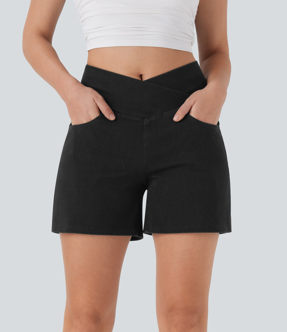Halara Flex™ Crossover High Waisted Pockets Wide Leg A Line Washed Denim Casual Shorts - Meteorite Black Denim