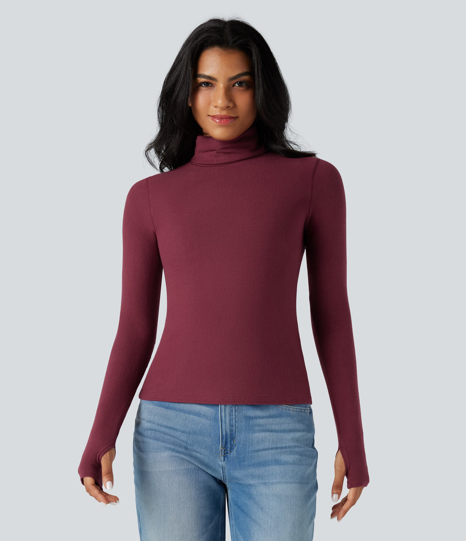 Halara HeatCore Turtleneck Long Sleeve Thumb Hole Casual Warming Top - Cordovan