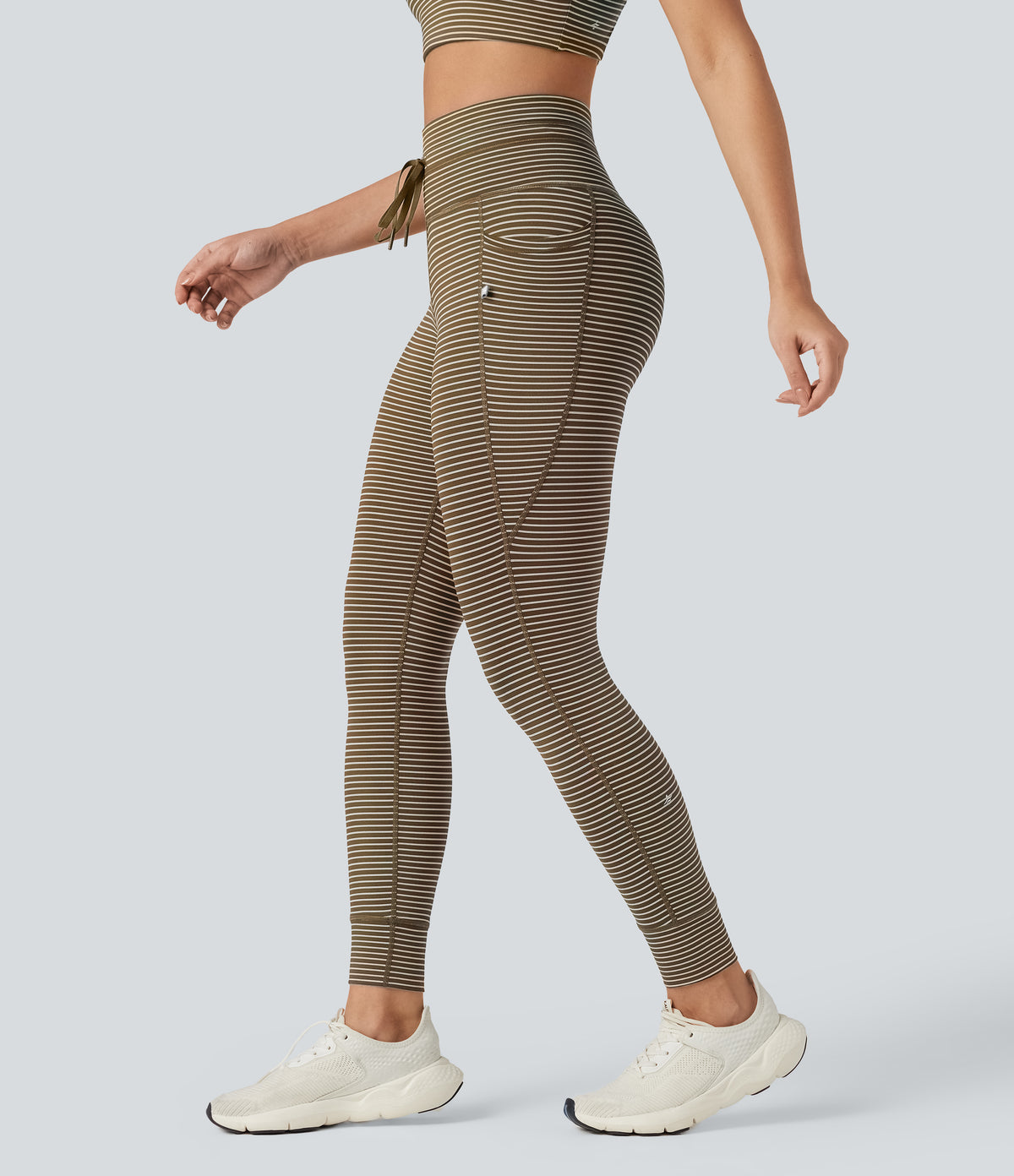 High Waisted Drawstring Striped Yoga Leggings with Pockets - Cedar Brown