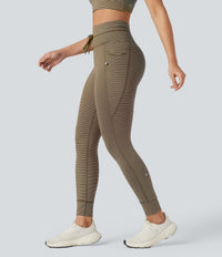 High Waisted Drawstring Striped Yoga Leggings with Pockets - Cedar Brown
