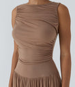 Ribbed Boat Neck Asymmetric Strap Ruched Pocket Flowy Maxi Casual Dress - Beaver Fur