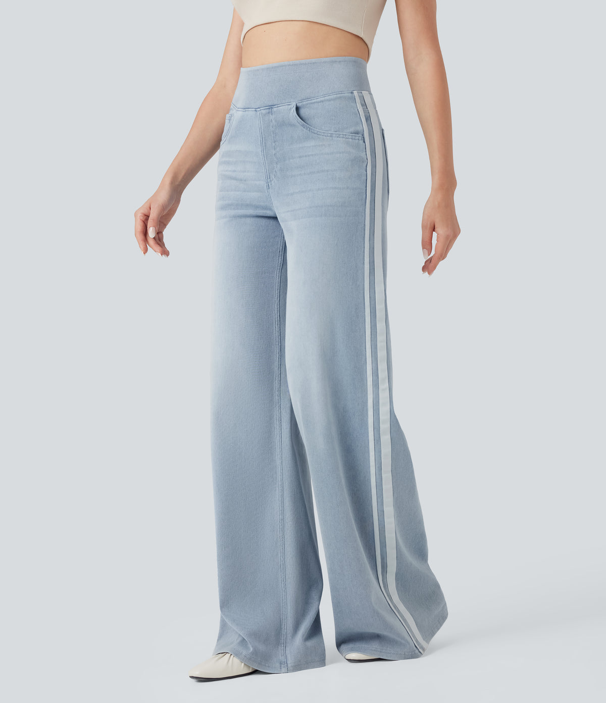 Halara Flex™ High Waisted Stripe Wide Leg Flowy Washed Casual Jeans with Pockets - Ice Water Denim