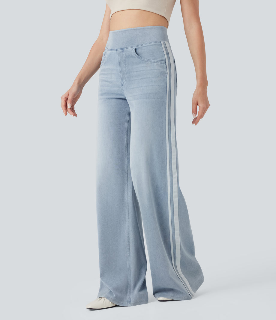 Halara Flex™ High Waisted Stripe Wide Leg Flowy Washed Casual Jeans with Pockets - Ice Water Denim