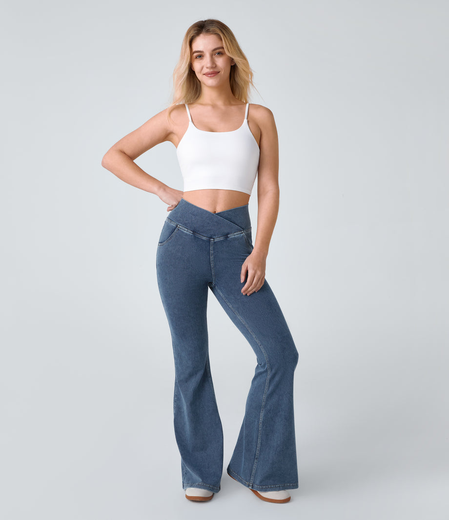 Halara Flex™ High Waisted Crossover Pocket Cool Touch Washed Casual Jeans - Nettle Blue Denim