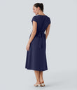 Breezeful™ V Neck Short Sleeve Pocket Tie Back Quick Dry Midi Casual Dress - Patriot Blue