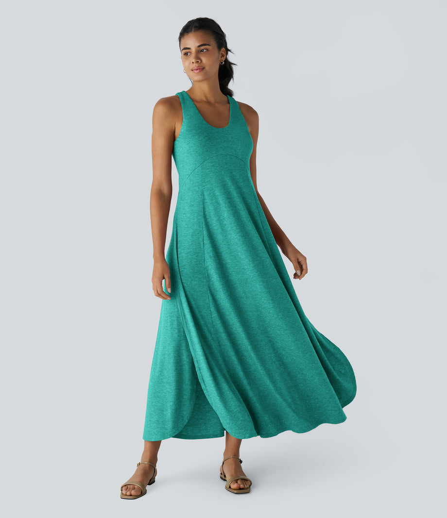 U Neck Flowy Maxi Casual Tank Dress - Reef Mint Green