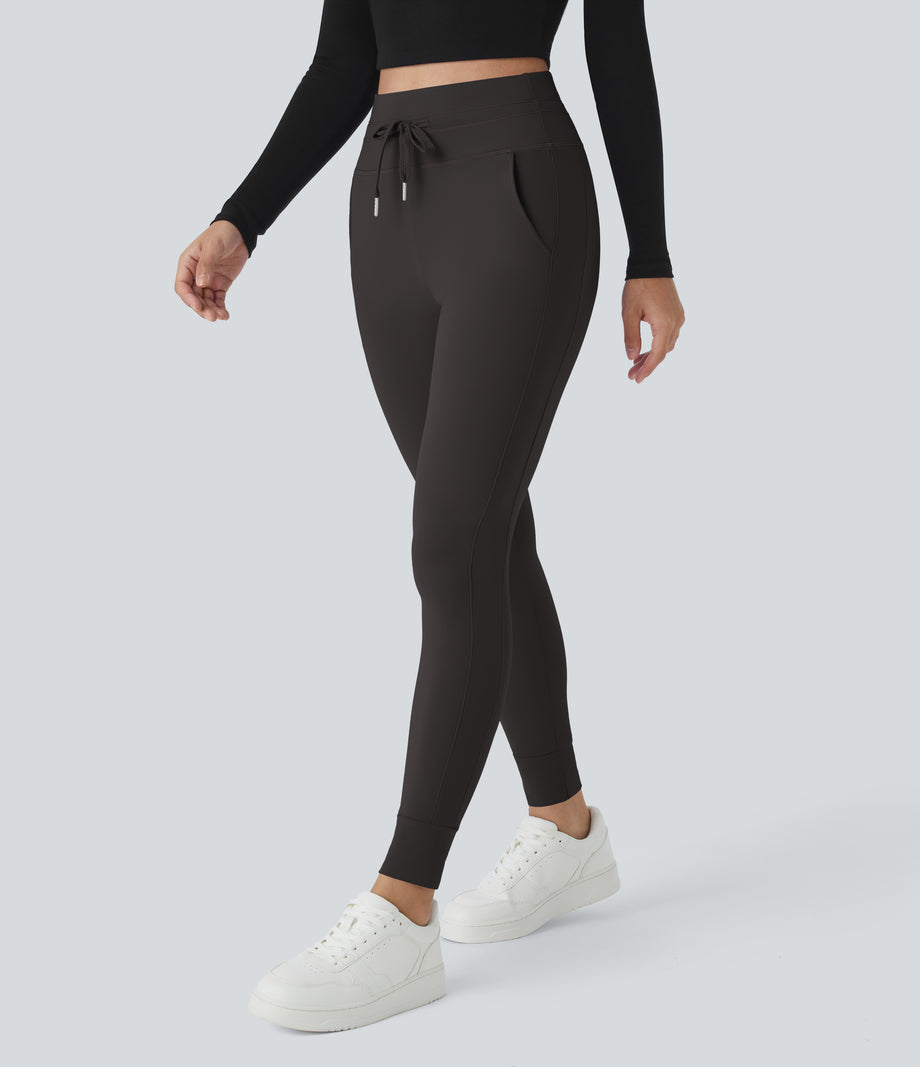 SoftlyZero™ Plush High Waisted Drawstring Pocket Plain Full Length Joggers - Chocolate Torte