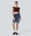 Halara Flex™ High Waisted Pockets Rolled Hem Washed Denim Casual Bermuda Shorts - Inkling  Blue Denim